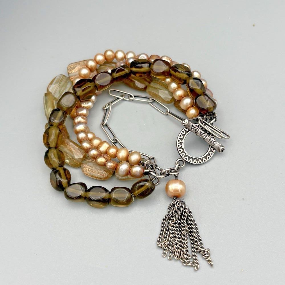 SILPADA Copper Pearls 5 Strand Bracelet Sterling Sunstone Tassel 7" B1412